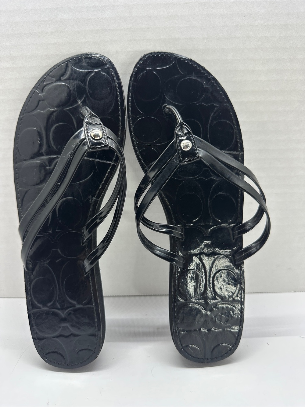Coach Glossy Black Signature Thong Sandals